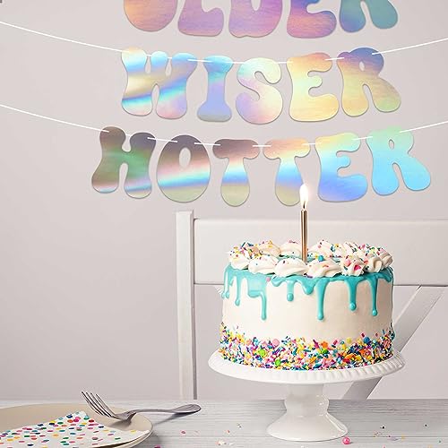 Pre-Strung Older Wiser Hotter Birthday Banner - NO DIY - Iridescent Birthday Party Banner - Pre-Strung on 8 ft Strands - Holographic Shiny Foil Birthday Party Decorations & Decor. Retro 70s Birthday
