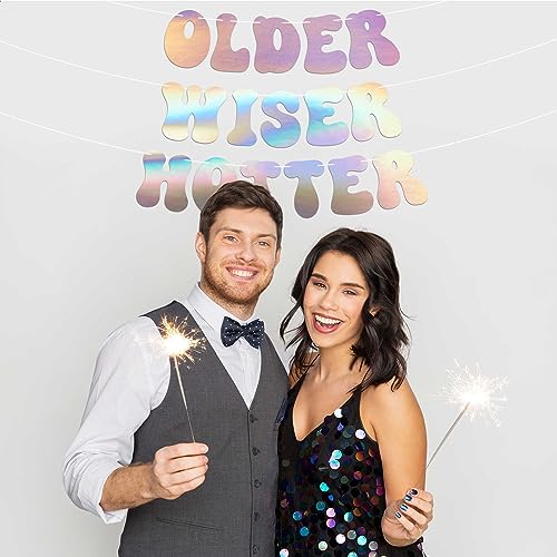 Pre-Strung Older Wiser Hotter Birthday Banner - NO DIY - Iridescent Birthday Party Banner - Pre-Strung on 8 ft Strands - Holographic Shiny Foil Birthday Party Decorations & Decor. Retro 70s Birthday