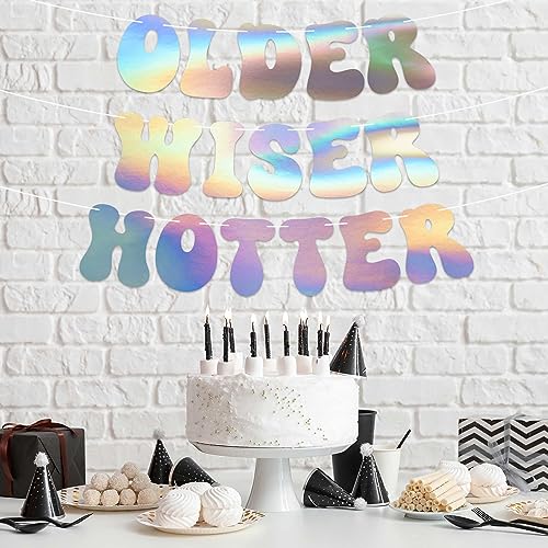 Pre-Strung Older Wiser Hotter Birthday Banner - NO DIY - Iridescent Birthday Party Banner - Pre-Strung on 8 ft Strands - Holographic Shiny Foil Birthday Party Decorations & Decor. Retro 70s Birthday