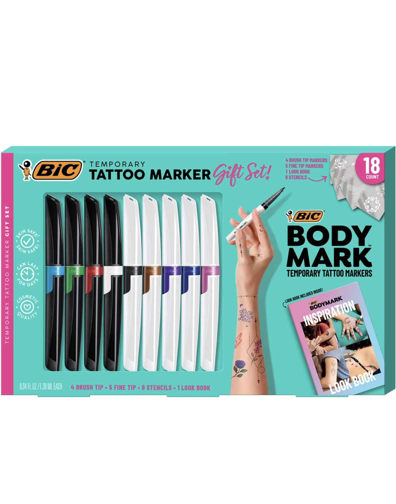 BIC BodyMark Temporary Tattoo Kit: 9 Markers, 5 Stencil Sheets, Inspiration Book