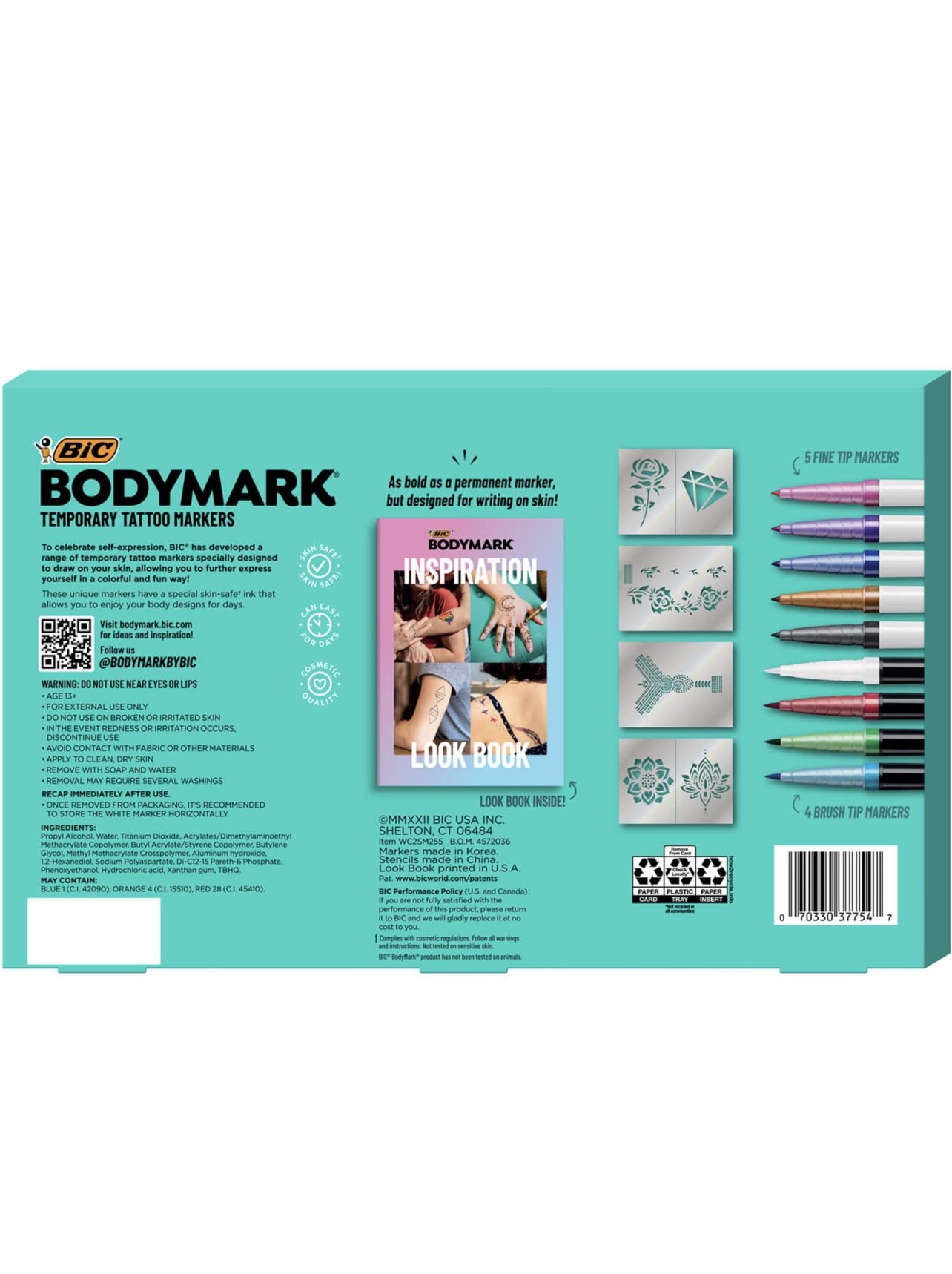 BIC BodyMark Temporary Tattoo Kit: 9 Markers, 5 Stencil Sheets, Inspiration Book