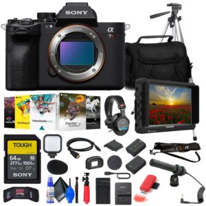 sony a7r v mirrorless camera (ilce7rm5/b) + 4k monitor + headphones + pro mic + 64gb card + corel photo software + pro tripod + bag + np-fz100 compatible battery + external charger + more (renewed)