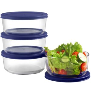 bovado usa 4 cup glass food storage containers (4 pack) | nonpourous dishwasher, freezer & oven safe glass, easy-clean | blue lids