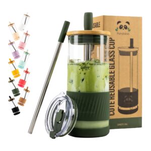 pandaloo glass cups with lids and straws -20 fl oz- perfect for iced coffee, smoothie cup with bamboo lid and on the go lid (1 count (pack of 1), mediterranean olive)
