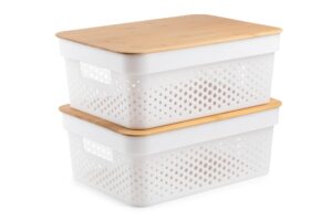 core home multipurpose white 14 x 11 polypropylene storage bins with bamboo lids set of 2