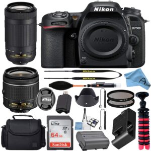 nikon d7500 20.9mp dslr digital camera w/af-p dx nikkor 18-55mm f/3.5-5.6g vr & af-p dx 70-300mm f/4.5-6.3g ed lens + sandisk 64gb memory card + camera bag + accessory bundle (black) (renewed)