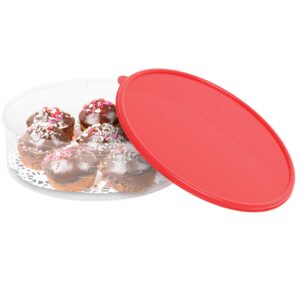 pie carrier cake storage clear container with red lid | 10.5" large round plastic cupcake cheesecake muffin flan cookie tortilla holder storage containers airtight | pie keeper transport container