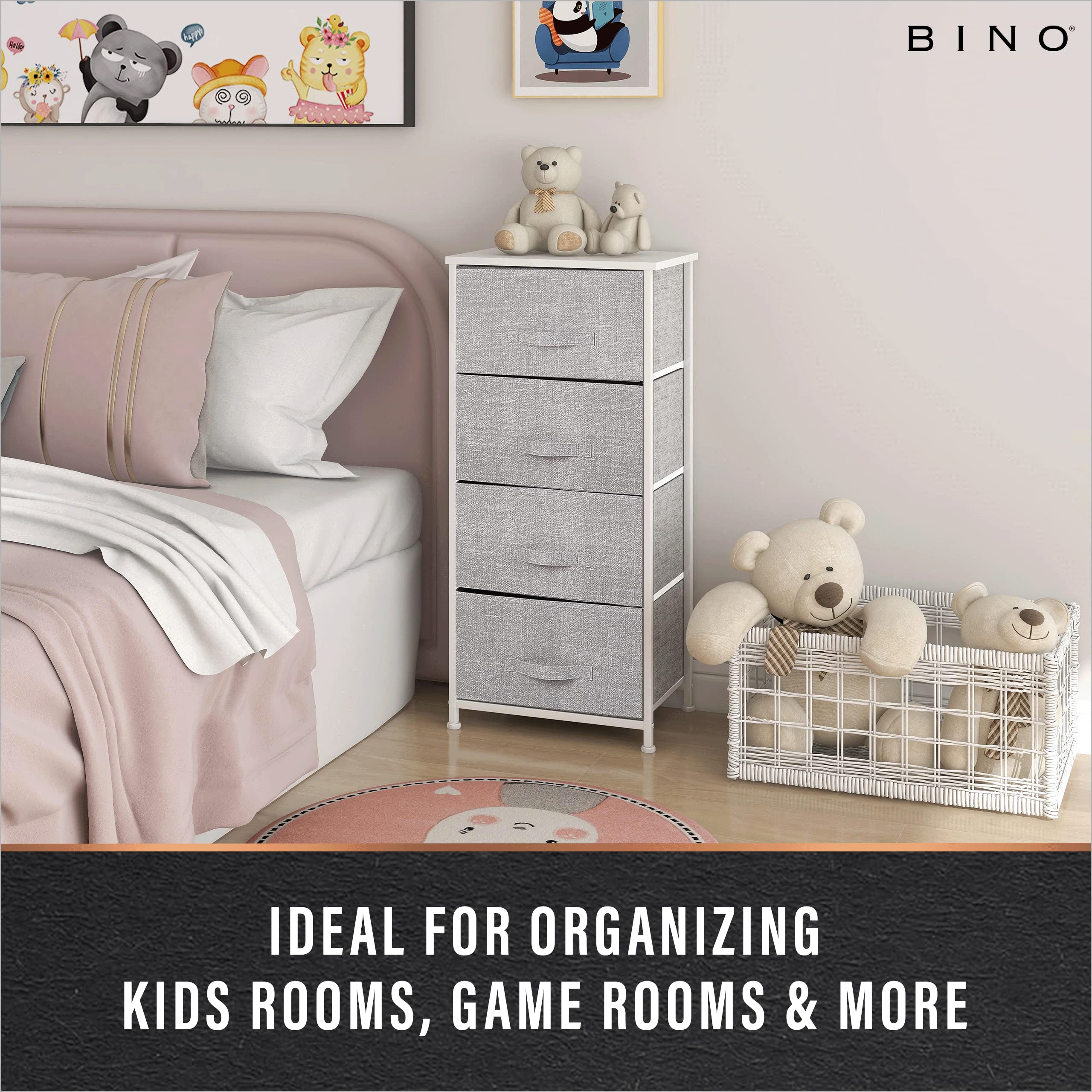 BINO 4-Drawer Fabric Dresser Storage Tower, Light Grey | Closet Organizer Unit | Bedroom Storage Cabinet | Clothing Drawer & Dresser Furniture | Organizing Drawer for Nursery Hallway Entryway Room