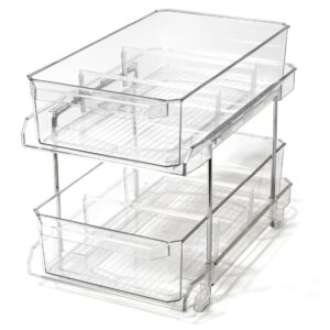 bino 2 tier clear storage organizer with dividers | slide out drawer for under sink or medicine cabinet | bathroom closet, vanity, pantry organizer | under cabinet storage for bathroom and kitchen