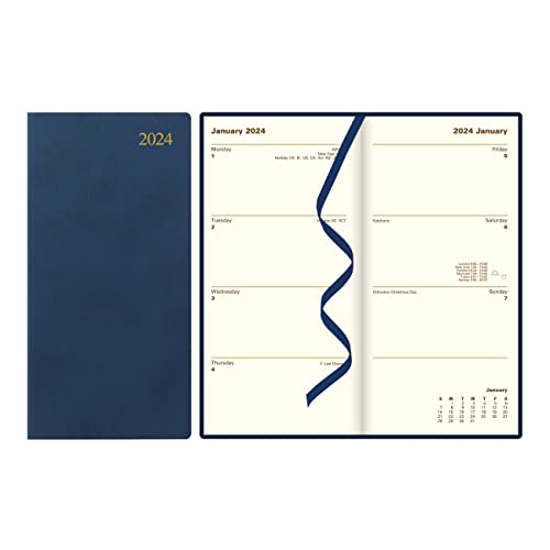 Letts of London Signature Weekly/Monthly Planner, 12 Months, January to December, 2024, Bonded Leather, Slim Size, 6.625" x 3.25", Blue (C38SUBE-24)