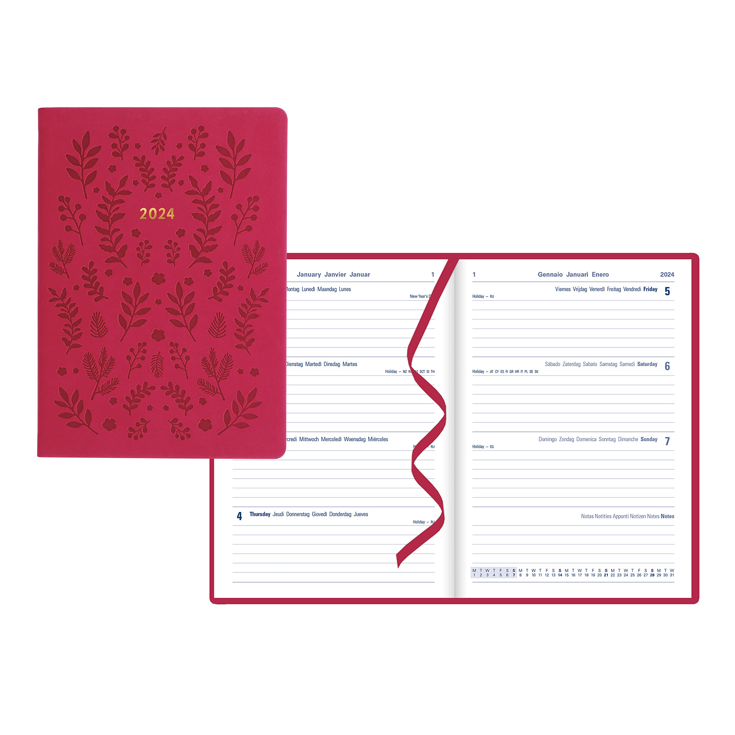 Letts of London Woodland Weekly Planner, 12 Months, January to December, 2024, A5 Size, 8.25" x 5.875", Multilingual, Pink (C082162-24)