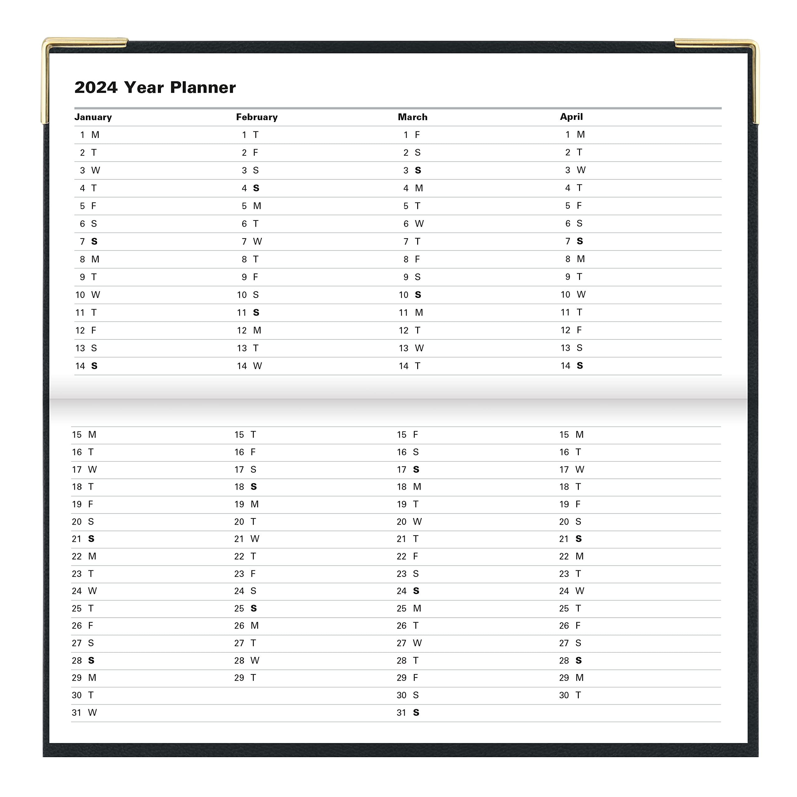 Letts of London Classic Weekly/Monthly Planner, 12 Months, January to December, 2024, Appointments, Gold Corners, Horizontal, Slim Size, 6.625" x 3.25", Black (C32SBK-24)