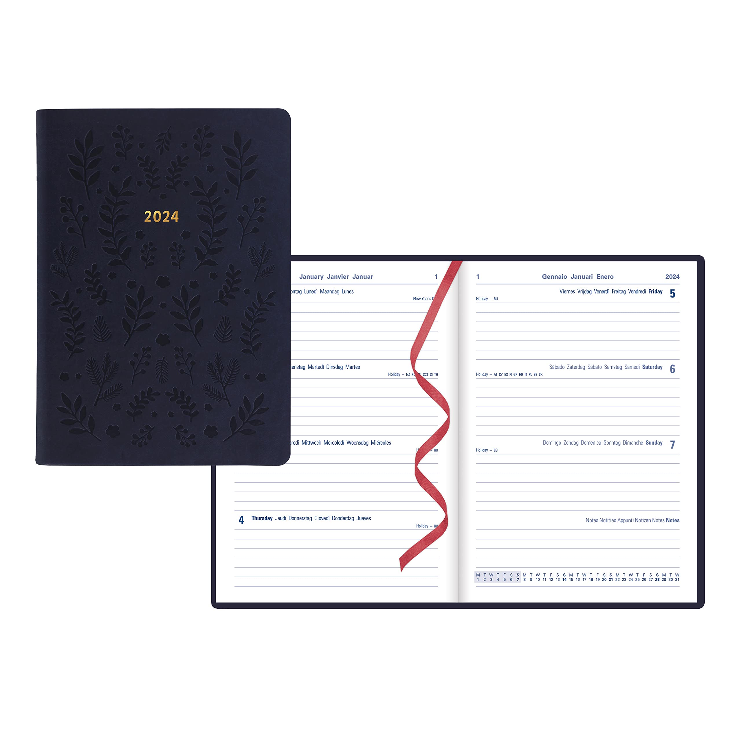 Letts of London Woodland Weekly Planner, 12 Months, January to December, 2024, A5 Size, 8.25" x 5.875", Multilingual, Navy (C082165-24)