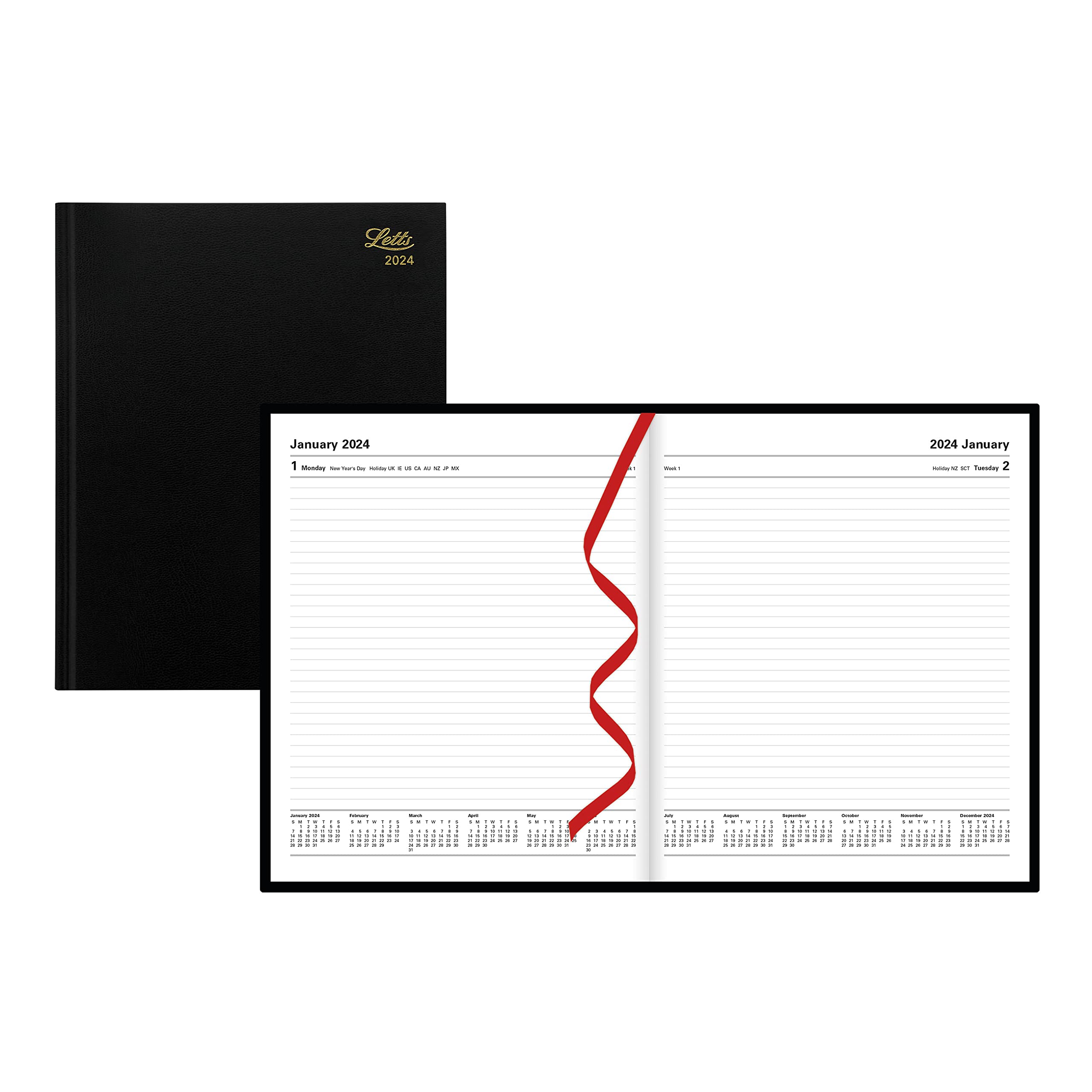 Letts of London Standard Daily Planner, 12 Months, January to December, 2024, Day-Per-Page, Quarto Size, 10.25" x 8.25", Black (C10YBK-24)