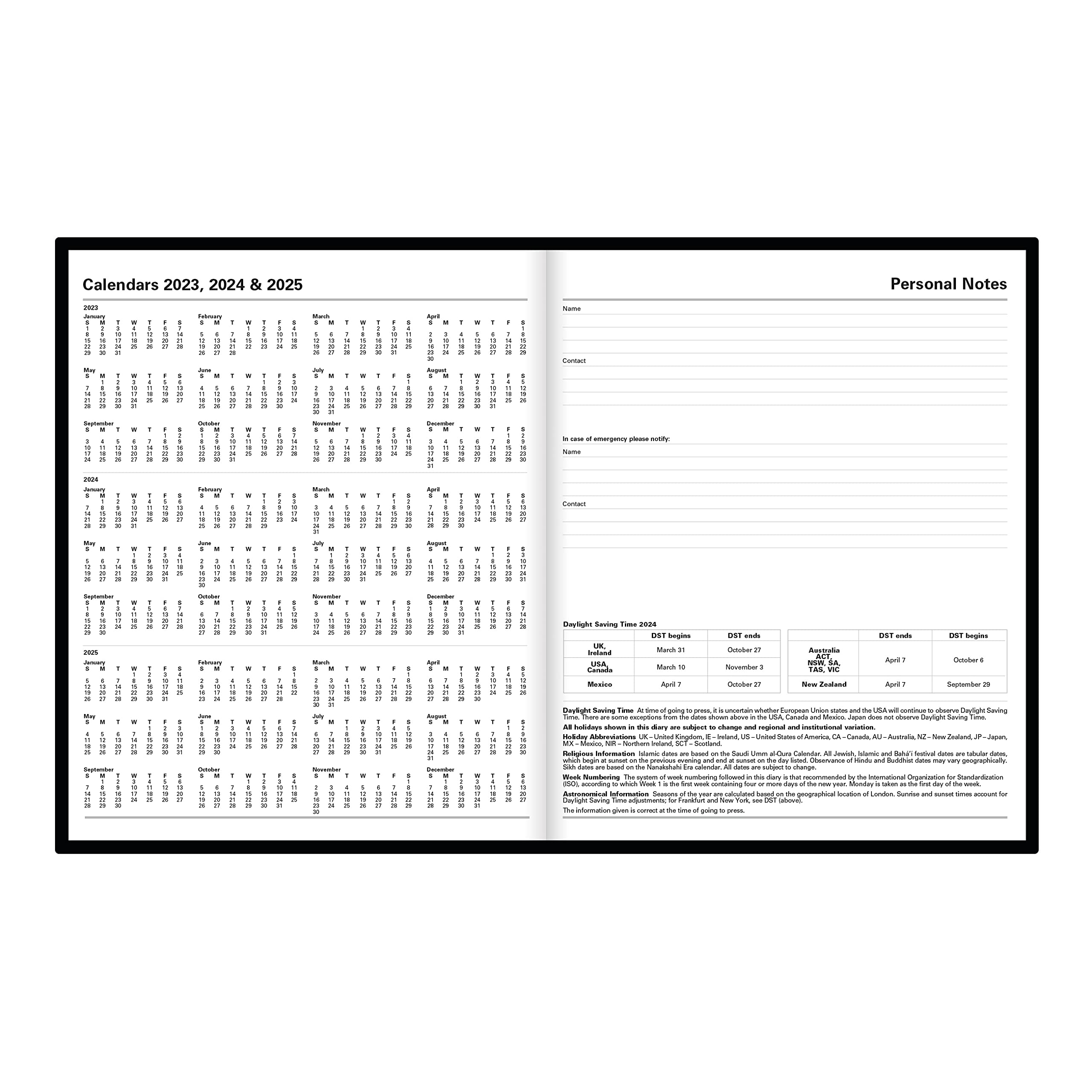 Letts of London Standard Daily Planner, 12 Months, January to December, 2024, Day-Per-Page, Quarto Size, 10.25" x 8.25", Black (C10YBK-24)