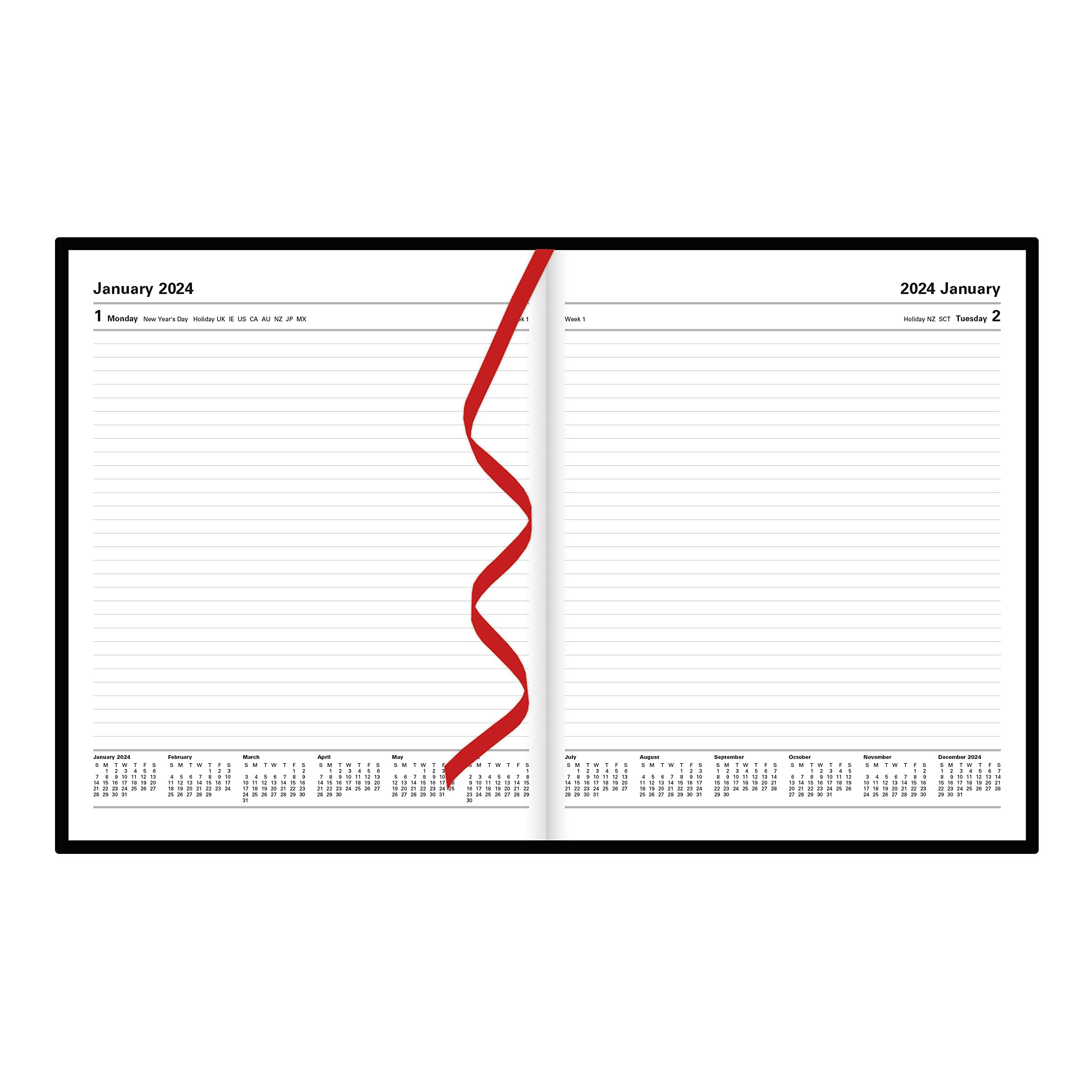 Letts of London Standard Daily Planner, 12 Months, January to December, 2024, Day-Per-Page, Quarto Size, 10.25" x 8.25", Black (C10YBK-24)