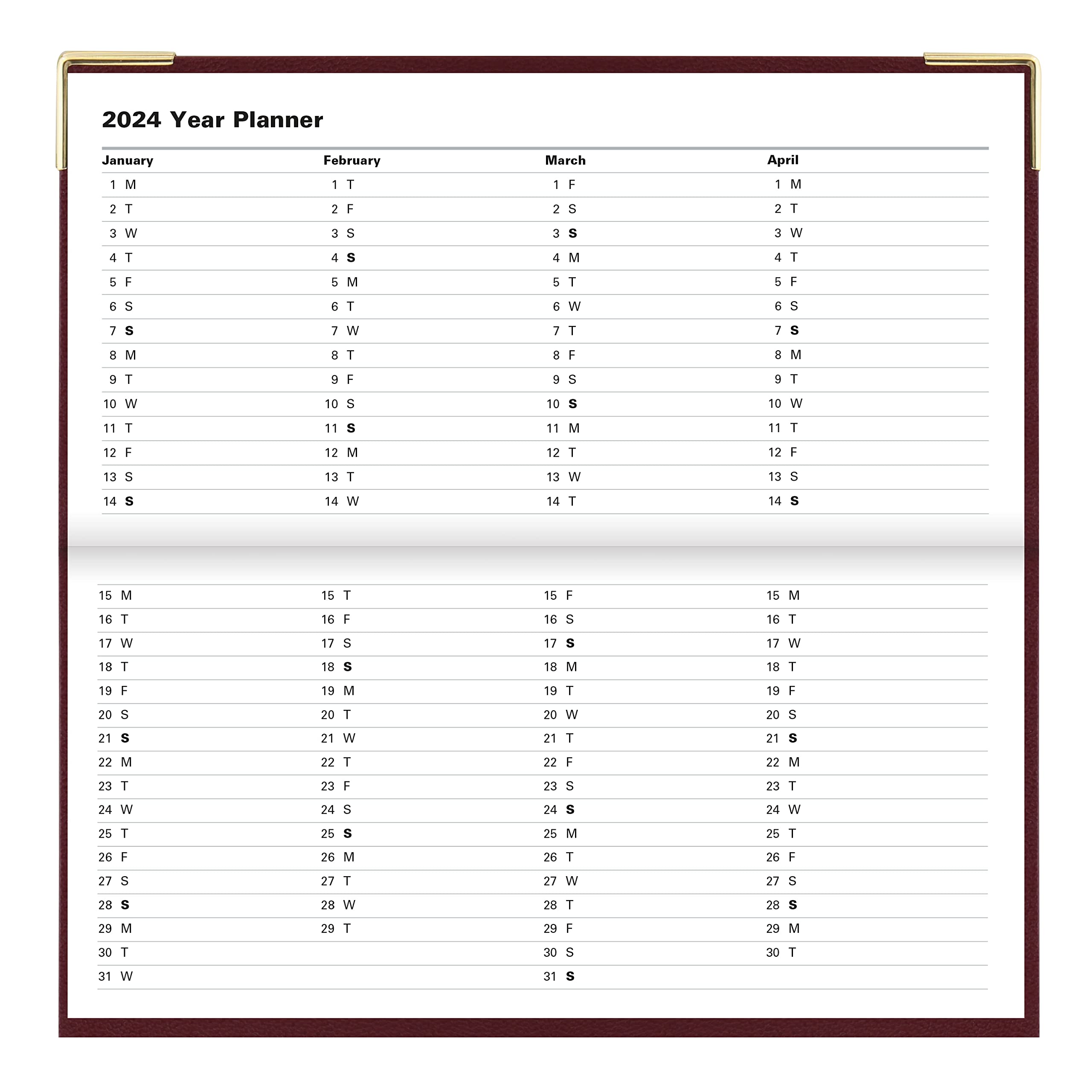 Letts of London Classic Weekly/Monthly Planner, 12 Months, January to December, 2024, Appointments, Gold Corners, Horizontal, Slim Size, 6.625" x 3.25", Burgundy (C32SBY-24)