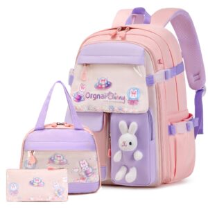 fixitok girls backpack set, 3pcs kids backpack for girls, kawaii bunny school backpacks for girls kindergarten elementary preschool middle school bags with lunch box pencil case pink