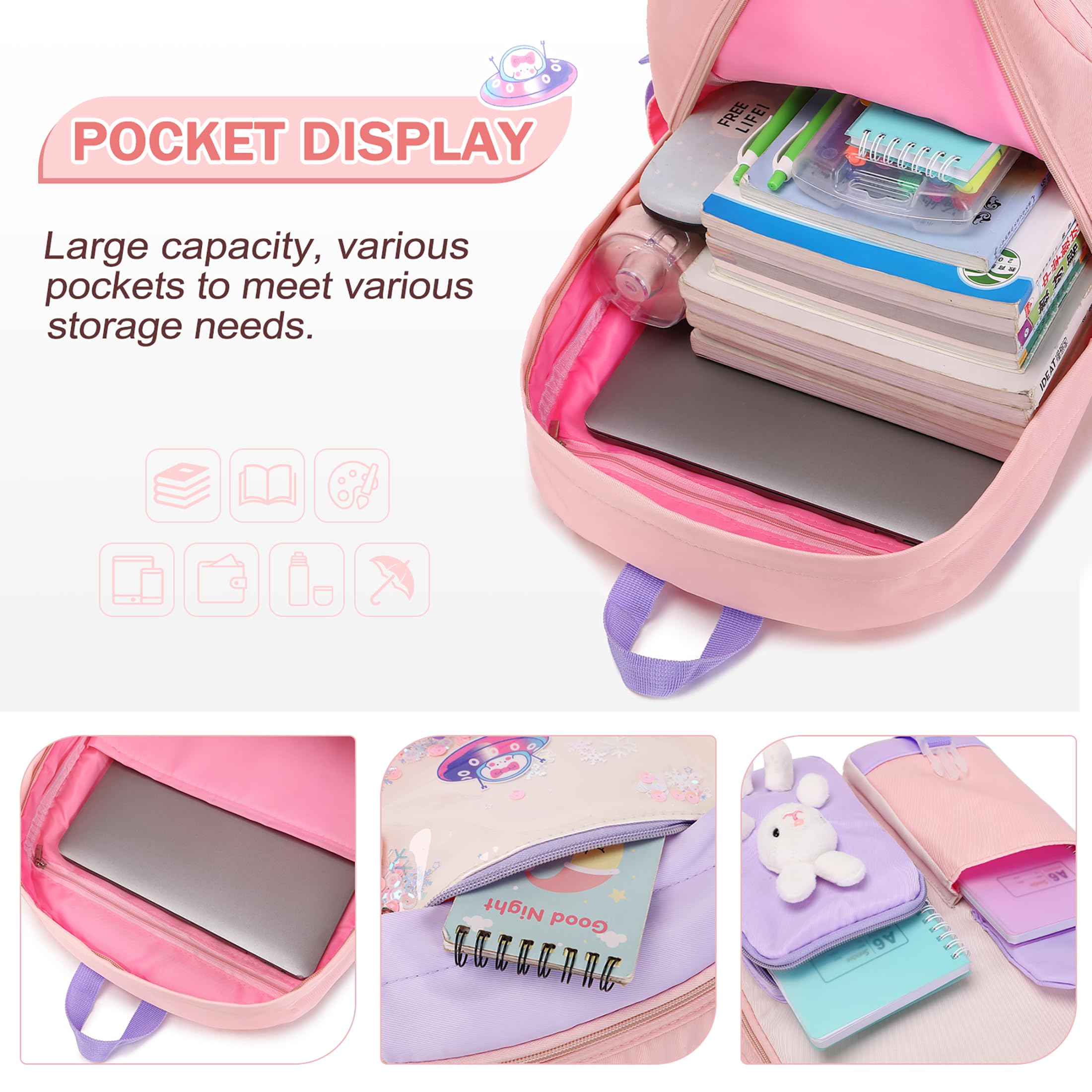 FIXITOK Girls Backpack Set, 3PCS Kids Backpack for Girls, Kawaii Bunny School Backpacks for Girls Kindergarten Elementary Preschool Middle School Bags with Lunch Box Pencil Case Pink