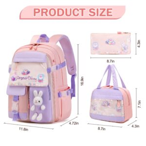 FIXITOK Girls Backpack Set, 3PCS Kids Backpack for Girls, Kawaii Bunny School Backpacks for Girls Kindergarten Elementary Preschool Middle School Bags with Lunch Box Pencil Case Pink