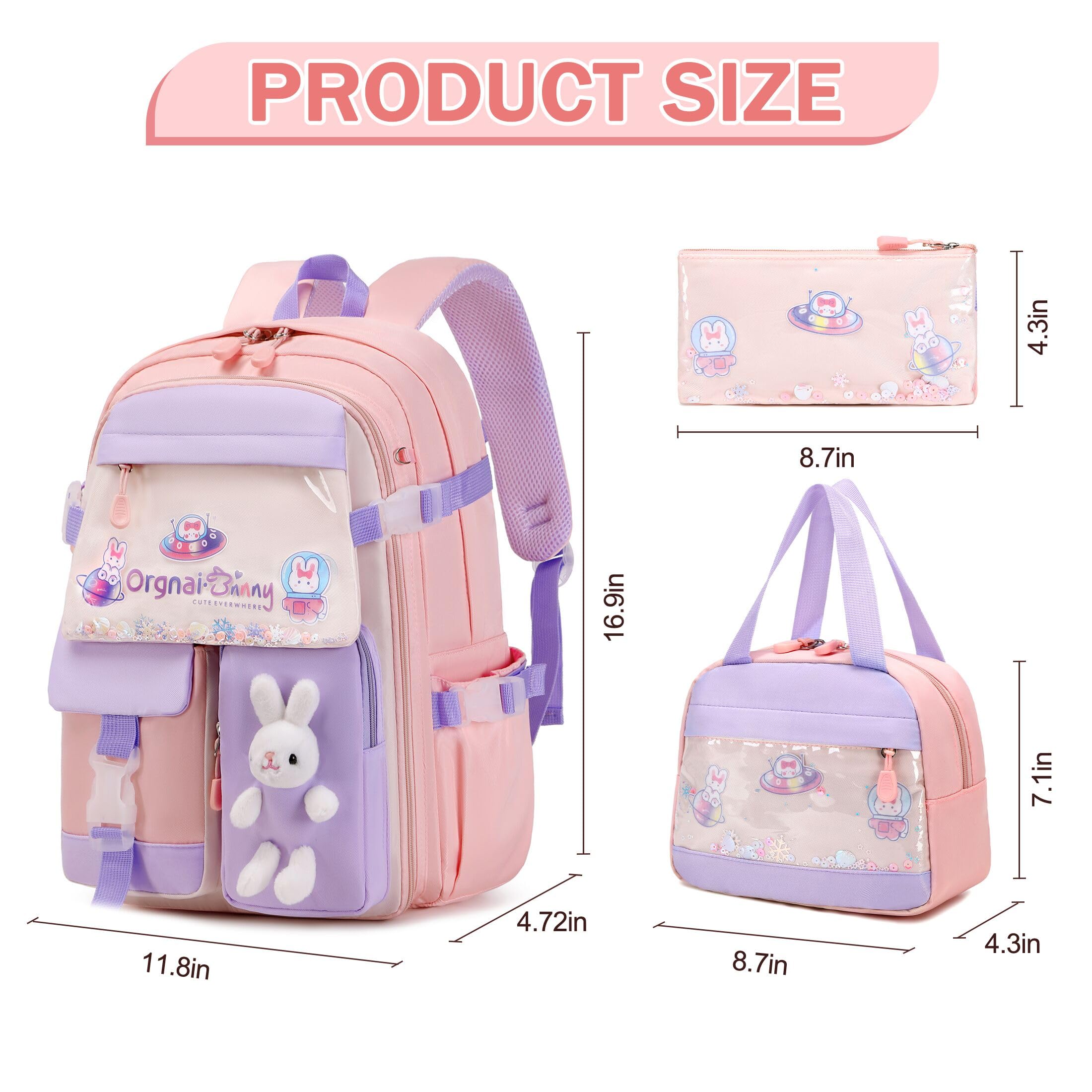 FIXITOK Girls Backpack Set, 3PCS Kids Backpack for Girls, Kawaii Bunny School Backpacks for Girls Kindergarten Elementary Preschool Middle School Bags with Lunch Box Pencil Case Pink