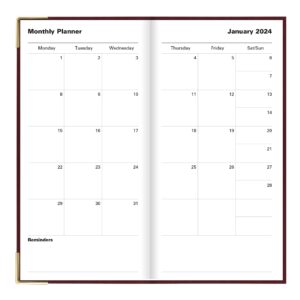 Letts of London Classic Weekly/Monthly Planner, 12 Months, January to December, 2024, Gold Corners, Vertical, Slim Size, 6.625" x 3.25", Burgundy (C32SUBY-24)