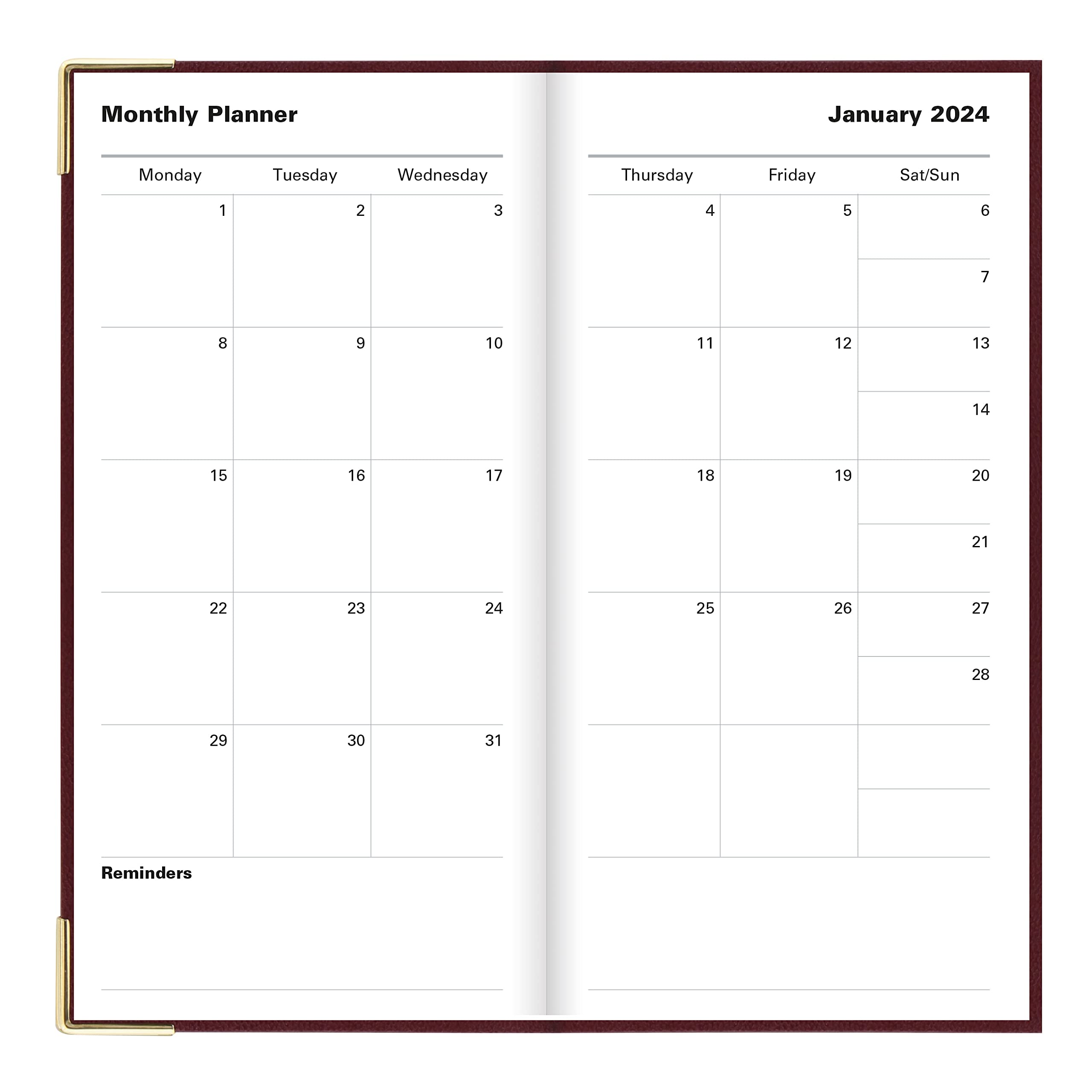 Letts of London Classic Weekly/Monthly Planner, 12 Months, January to December, 2024, Gold Corners, Vertical, Slim Size, 6.625" x 3.25", Burgundy (C32SUBY-24)