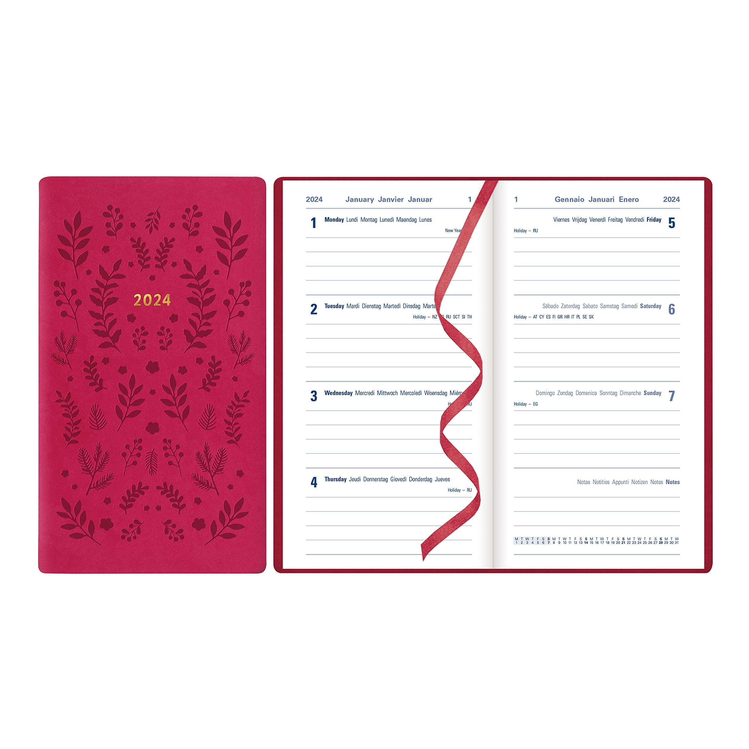 Letts of London Woodland Weekly Planner, 12 Months, January to December, 2024, Pocket Size, 5.875" x 3.125", Multilingual, Pink (C082174-24)