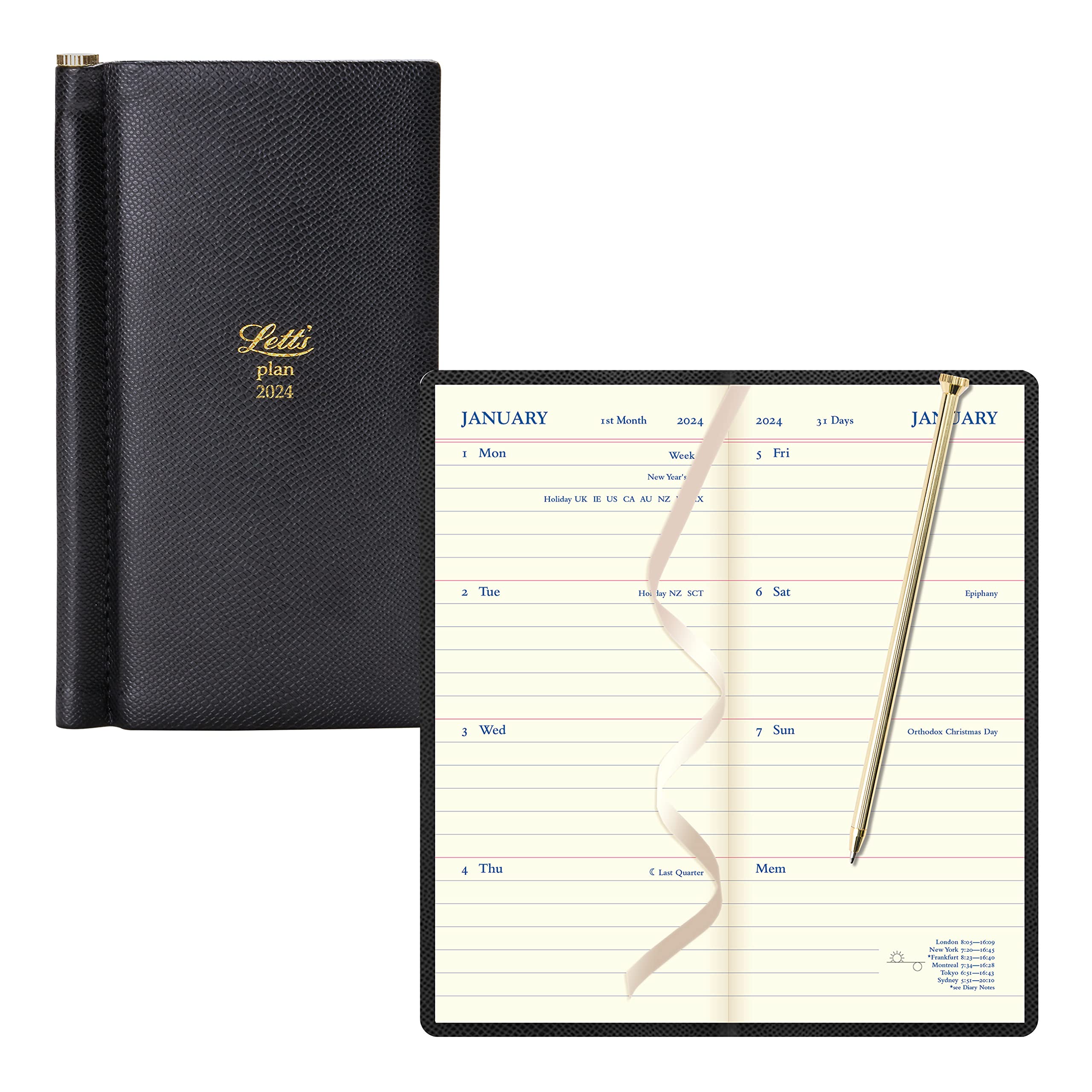 Letts of London Legacy Heritage Weekly/Monthly Planner, 12 Months, January to December, 2024, Slimline Pen, 6” x 3.375", Black (C081163-24)