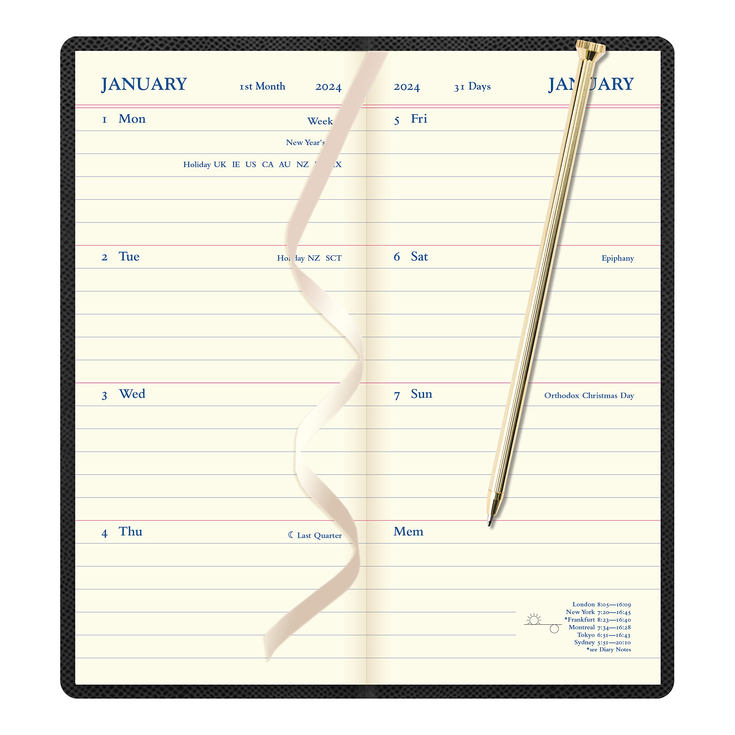 Letts of London Legacy Heritage Weekly/Monthly Planner, 12 Months, January to December, 2024, Slimline Pen, 6” x 3.375", Black (C081163-24)