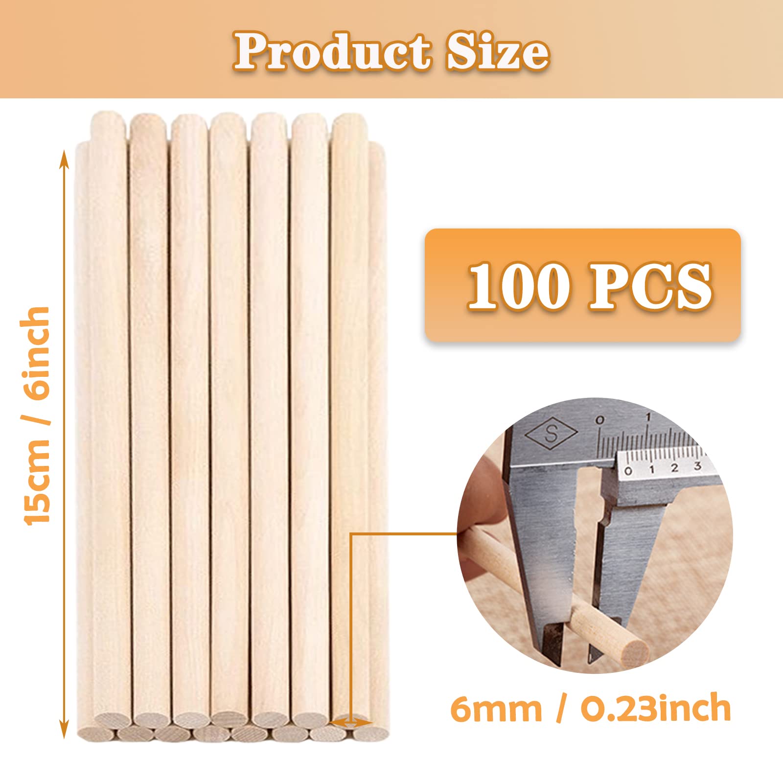 Wooden Dowel Rods, Unfinished Natural Wood Sticks 1/4 x 6 Inch Craft Dowel Rods for Crafts and DIYers 100pcs Hardwood Sticks Dowling Rods