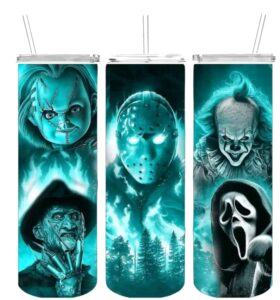 stainless steel tumbler double wall with lid straw 20oz glow in the dark glowing horror movie characters
