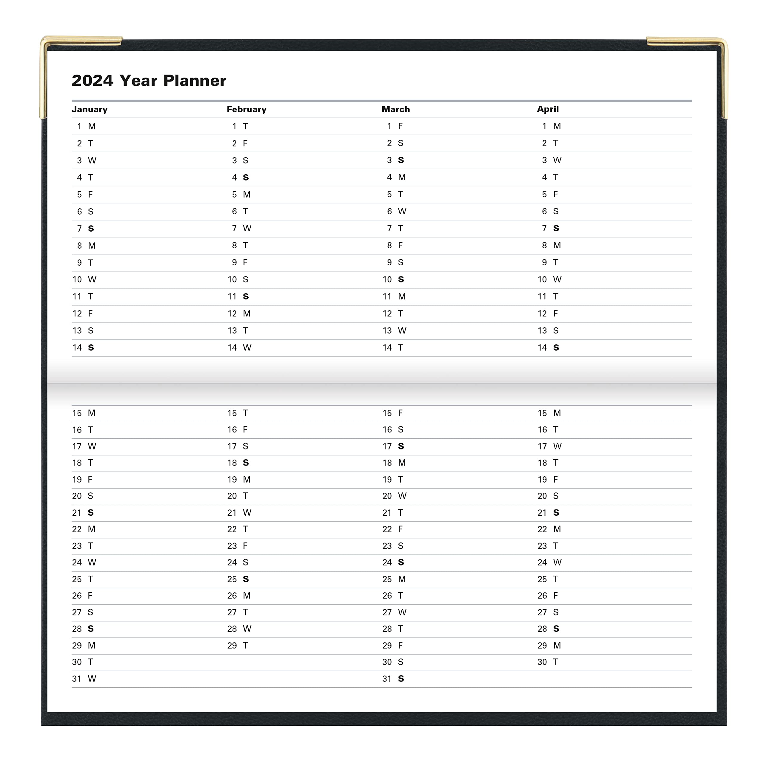 Letts of London Classic Monthly Planner, 13 Months, January 2024 to January 2025, Month-to-View, Horizontal, Gold Corners, Slim Size, 6.625" x 3.25", Black (C12SBK-24)