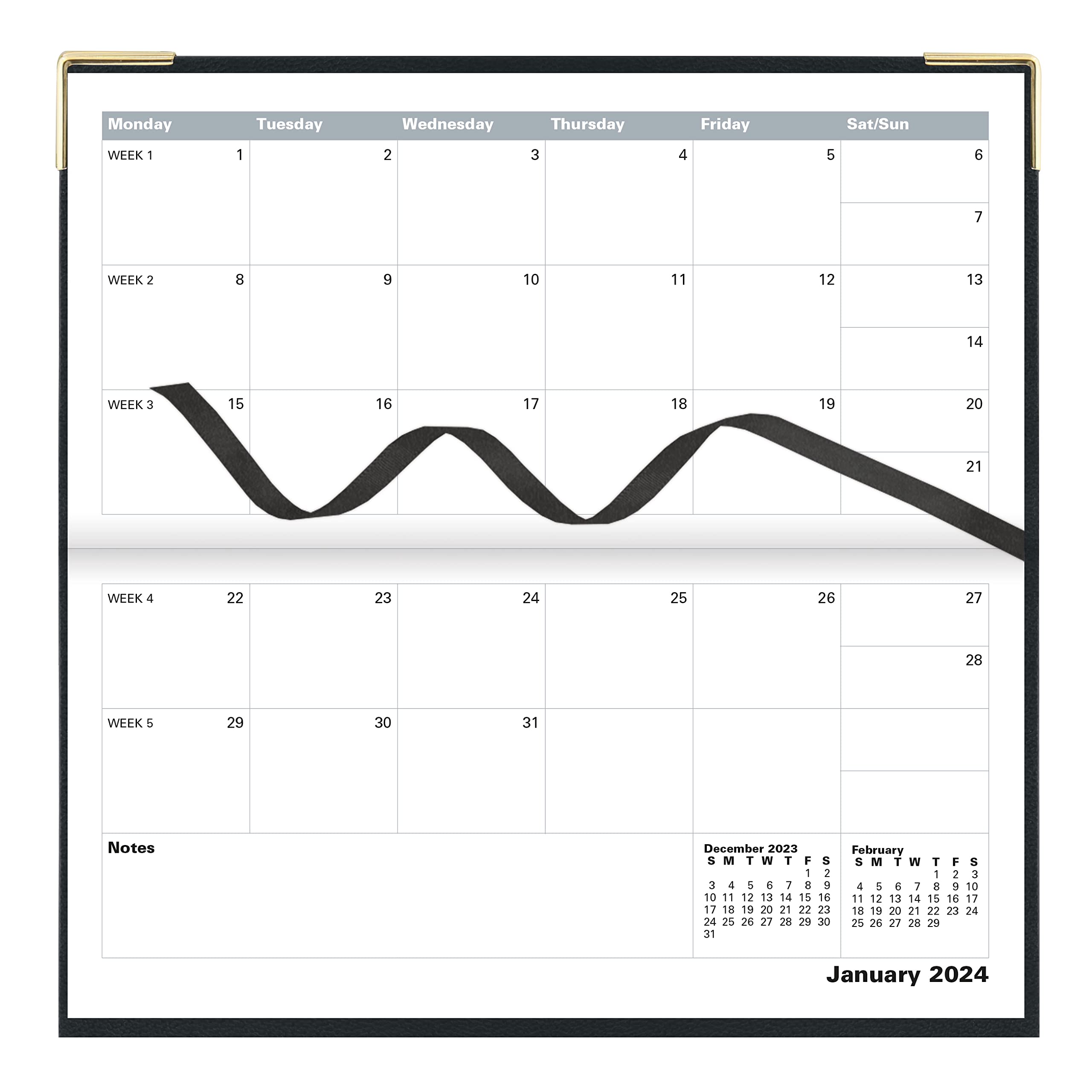 Letts of London Classic Monthly Planner, 13 Months, January 2024 to January 2025, Month-to-View, Horizontal, Gold Corners, Slim Size, 6.625" x 3.25", Black (C12SBK-24)