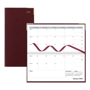 letts of london classic monthly planner, 13 months, january 2024 to january 2025, month-to-view, horizontal, gold corners, slim size, 6.625" x 3.25", burgundy (c12sby-24)