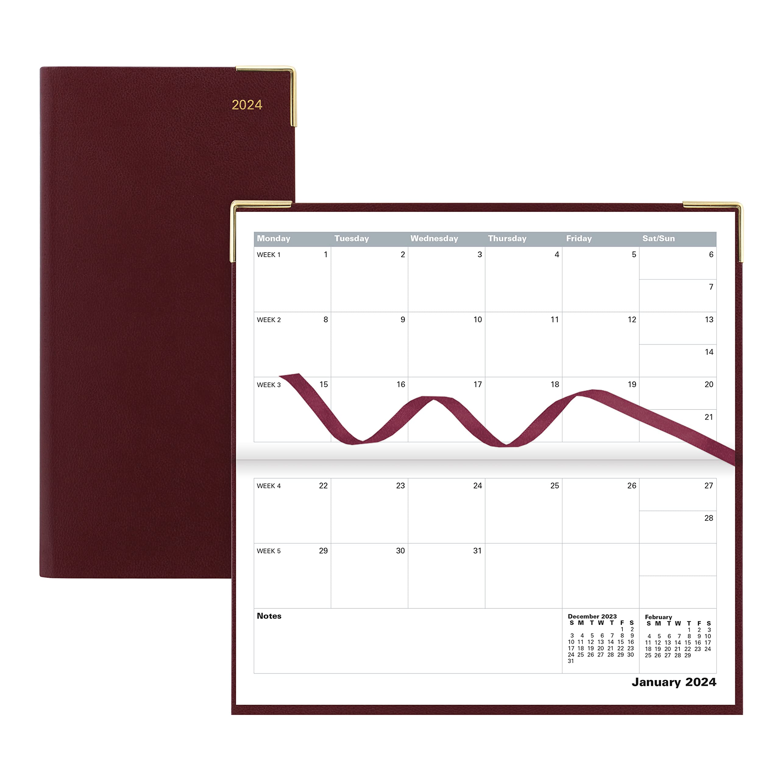 Letts of London Classic Monthly Planner, 13 Months, January 2024 to January 2025, Month-to-View, Horizontal, Gold Corners, Slim Size, 6.625" x 3.25", Burgundy (C12SBY-24)