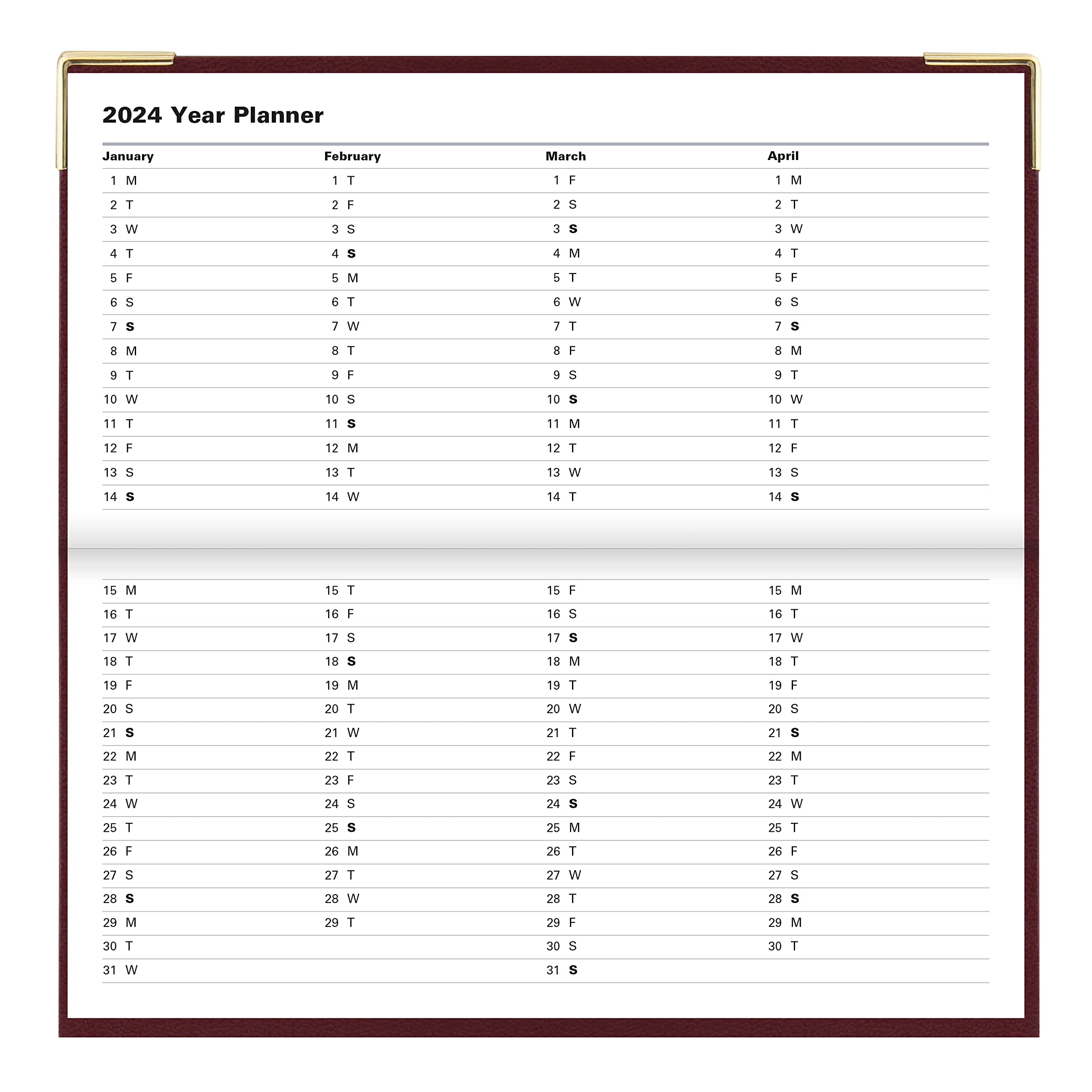 Letts of London Classic Monthly Planner, 13 Months, January 2024 to January 2025, Month-to-View, Horizontal, Gold Corners, Slim Size, 6.625" x 3.25", Burgundy (C12SBY-24)