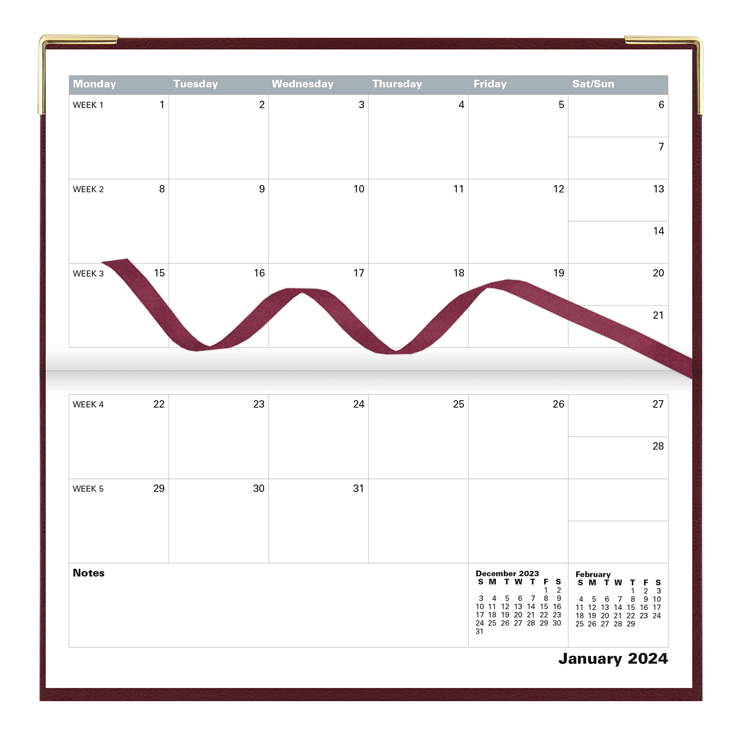 Letts of London Classic Monthly Planner, 13 Months, January 2024 to January 2025, Month-to-View, Horizontal, Gold Corners, Slim Size, 6.625" x 3.25", Burgundy (C12SBY-24)