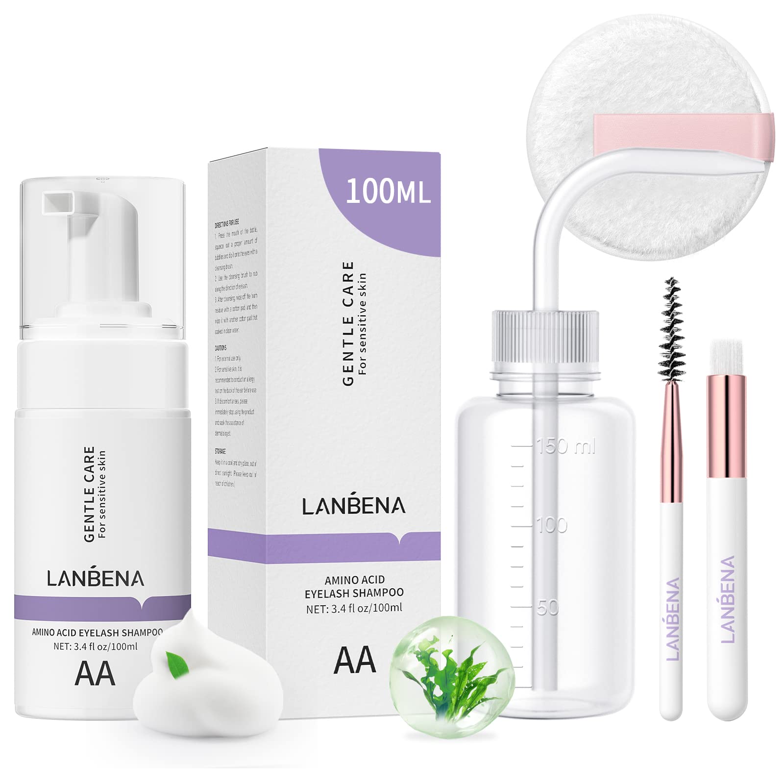 LANBENA Lash Shampoo Kit for Lash Extensions 100ml, Eyelash Extension Cleanser, Amino Acid Lash Wash Soap Mousse Bath for Sensitive Skin, Eyelid Foam for Makeup Mascara Remover, Paraben & Sulfate Free