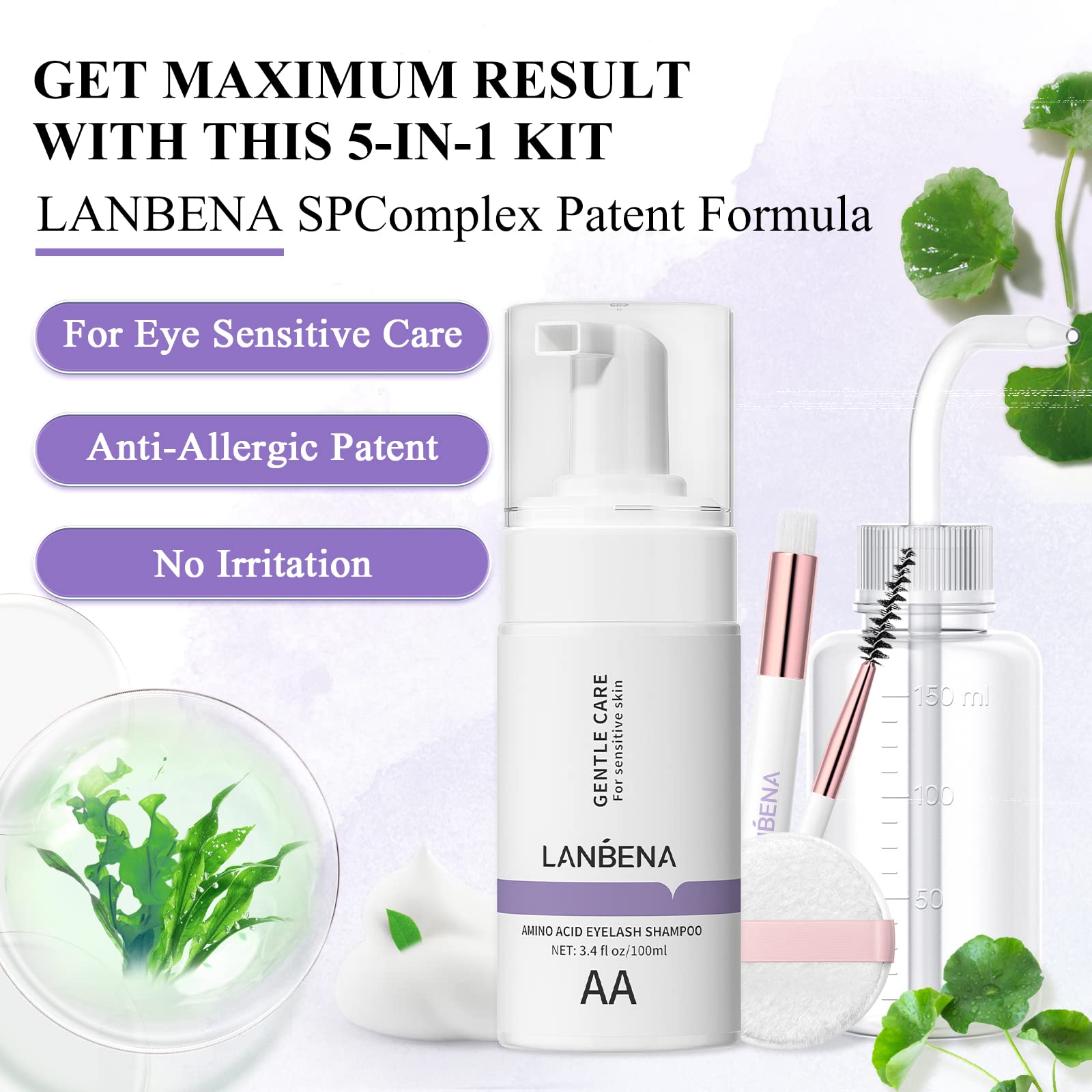 LANBENA Lash Shampoo Kit for Lash Extensions 100ml, Eyelash Extension Cleanser, Amino Acid Lash Wash Soap Mousse Bath for Sensitive Skin, Eyelid Foam for Makeup Mascara Remover, Paraben & Sulfate Free