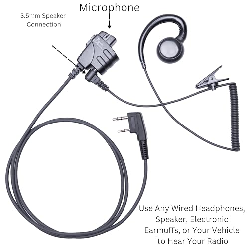 Push-to-Talk 2-Pin K1 Cable with Aux Audio Adapter - PTT Button for BaoFeng and Kenwood Radios - Compatible with 3.5mm Headsets and Auxiliary Inputs, Great with Electronic Earmuffs