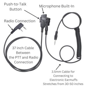 Push-to-Talk 2-Pin K1 Cable with Aux Audio Adapter - PTT Button for BaoFeng and Kenwood Radios - Compatible with 3.5mm Headsets and Auxiliary Inputs, Great with Electronic Earmuffs