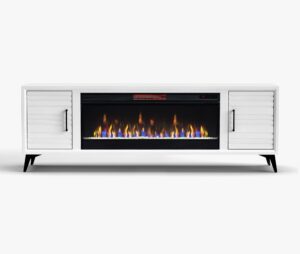 realcozy malibu contemporary fireplace tv stand, 78 inches, accommodates tvs up to 90 inches, fully assembled, poplar solid wood, white finish