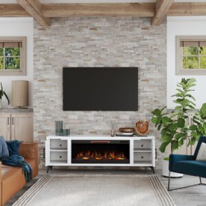 Realcozy Malibu Contemporary Fireplace TV Stand, 78 inches, Accommodates TVs up to 90 inches, Fully Assembled, Poplar Solid Wood, White Finish