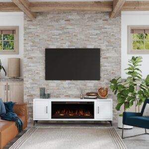 Realcozy Malibu Contemporary Fireplace TV Stand, 78 inches, Accommodates TVs up to 90 inches, Fully Assembled, Poplar Solid Wood, White Finish