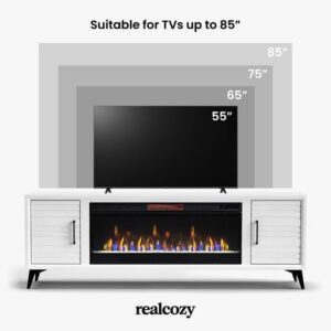 Realcozy Malibu Contemporary Fireplace TV Stand, 78 inches, Accommodates TVs up to 90 inches, Fully Assembled, Poplar Solid Wood, White Finish