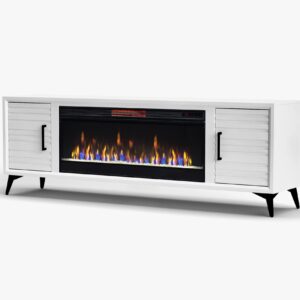 Realcozy Malibu Contemporary Fireplace TV Stand, 78 inches, Accommodates TVs up to 90 inches, Fully Assembled, Poplar Solid Wood, White Finish