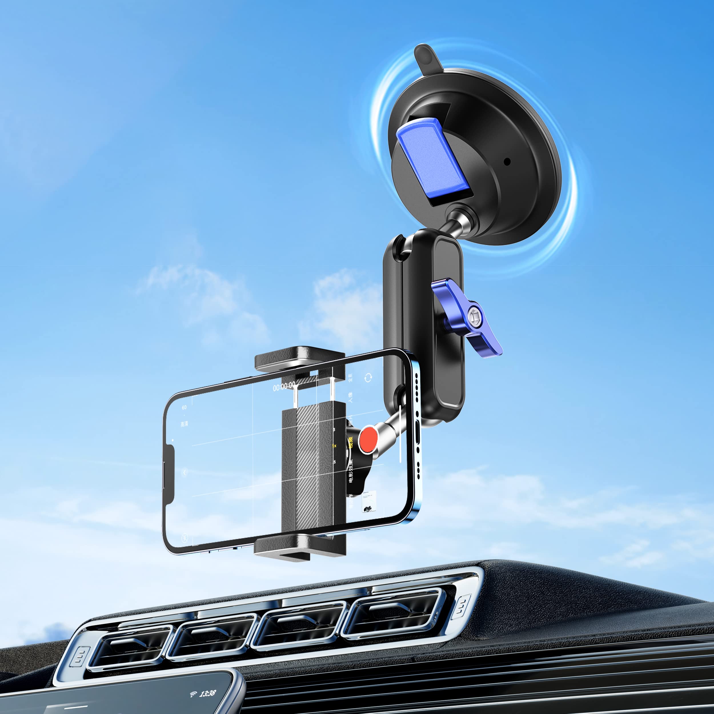 MARTVSEN Car Photography Phone Mount Stabilizer, Universal 360° Rotation Anti-Shake Metal Car Phone Holder for Video Recording & Navigation Live Streaming, Suction Cup Car Phone Holder for iPhone