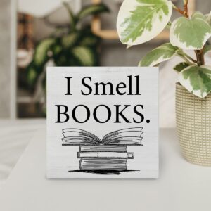 YIDOU Book Lover Saying Wood Box Sign Decor Desk Sign I Smell Books Wooden Box Block Sign Rustic Home Library Shelf Wall Decoration