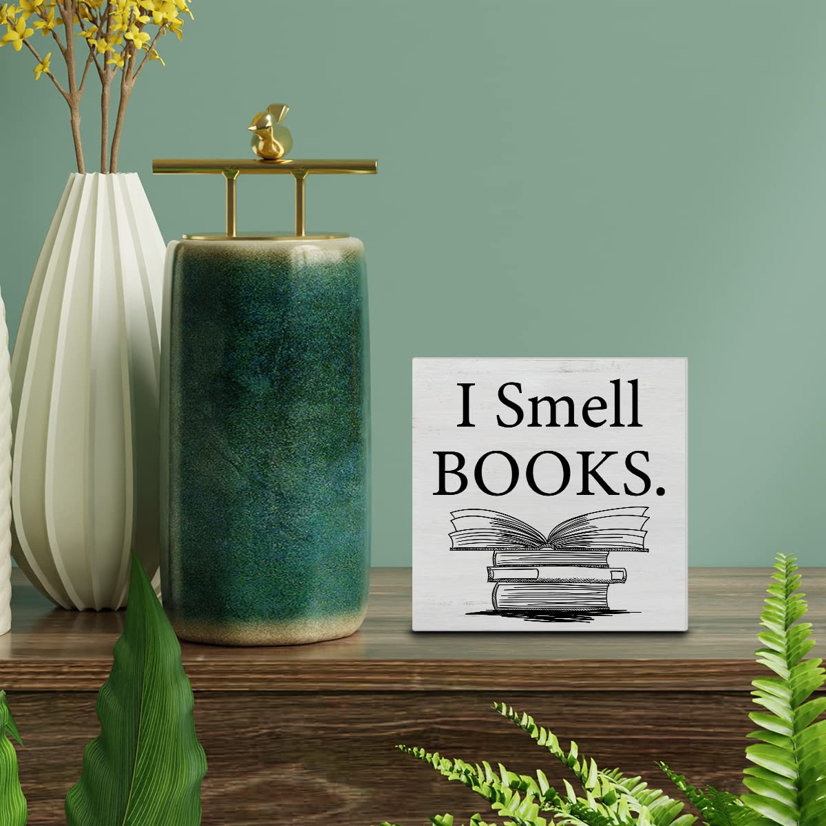 YIDOU Book Lover Saying Wood Box Sign Decor Desk Sign I Smell Books Wooden Box Block Sign Rustic Home Library Shelf Wall Decoration